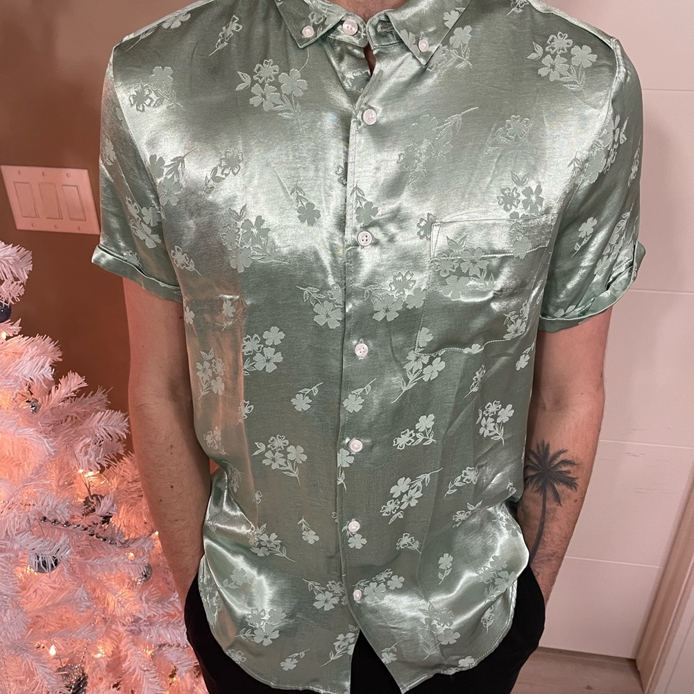 Green Satin Button Up - Picture 2 of 3